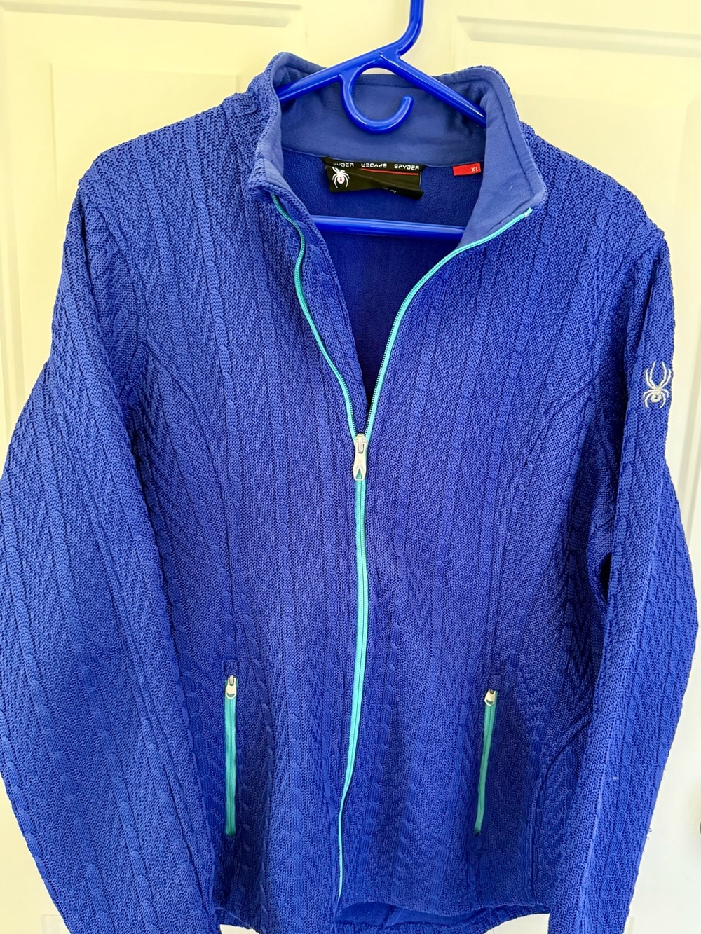 Spyder Royal Blue Full-Zip Cable Knit Jacket with Teal Trim